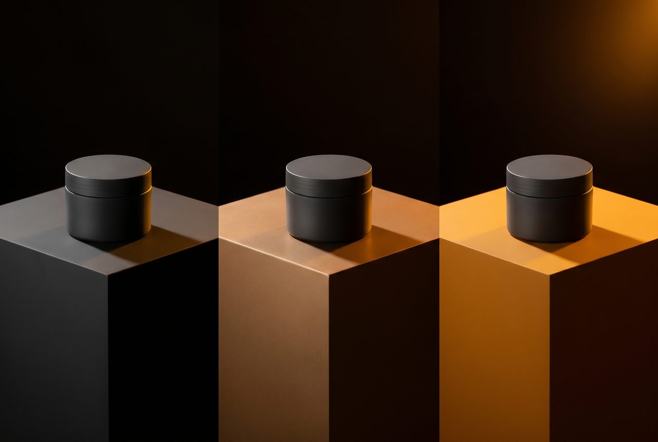 Social media campaign statics: matte cosmetic jar repeated across charcoal, bronze and amber colour-blocked sets
