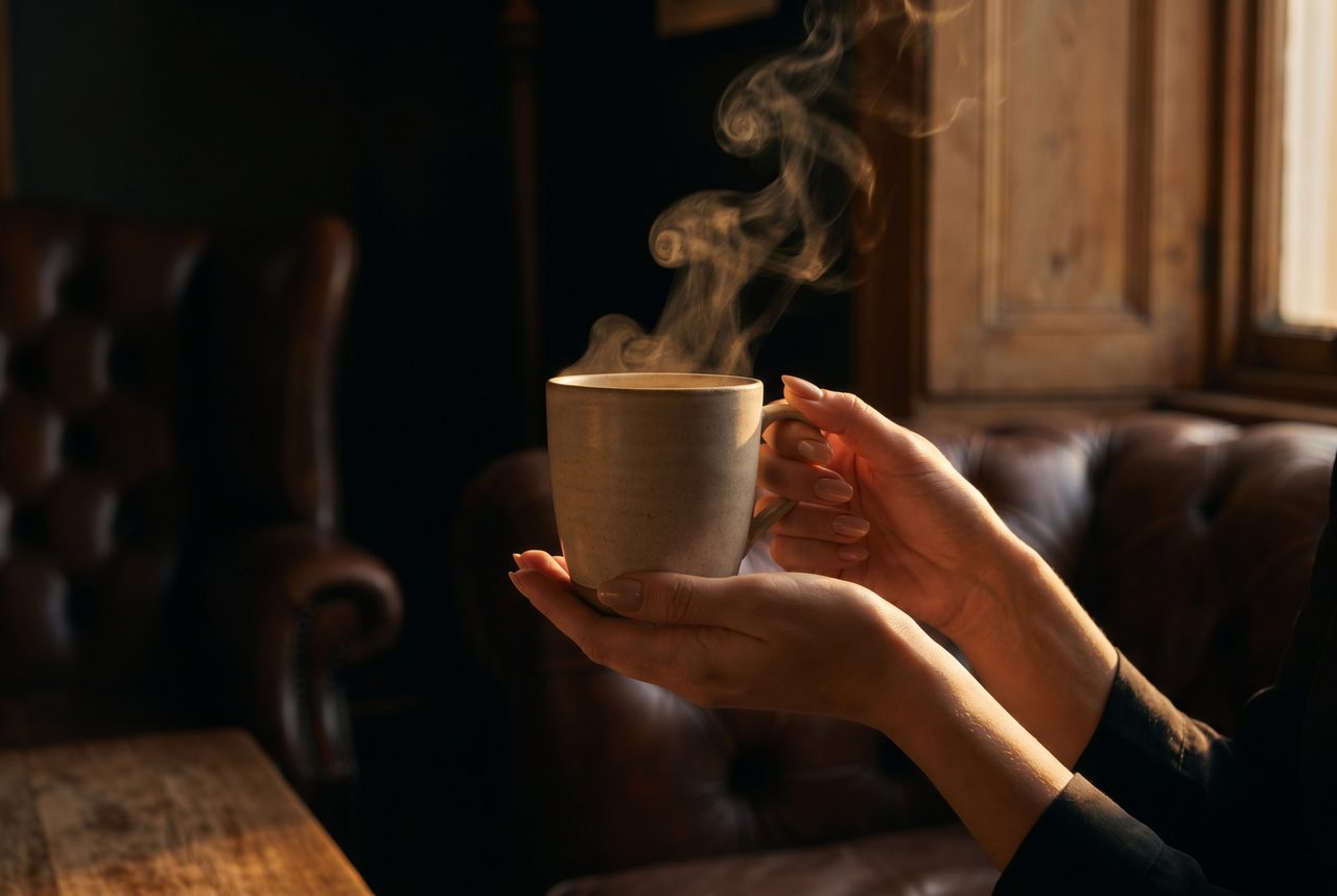 Realistic AI lifestyle ad: hands lifting a ceramic cup through a blade of warm evening light