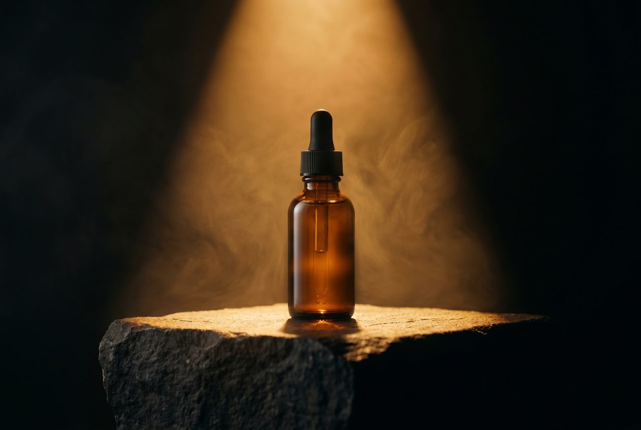 AI product photography: amber glass dropper bottle on a stone plinth under a theatrical spotlight cone