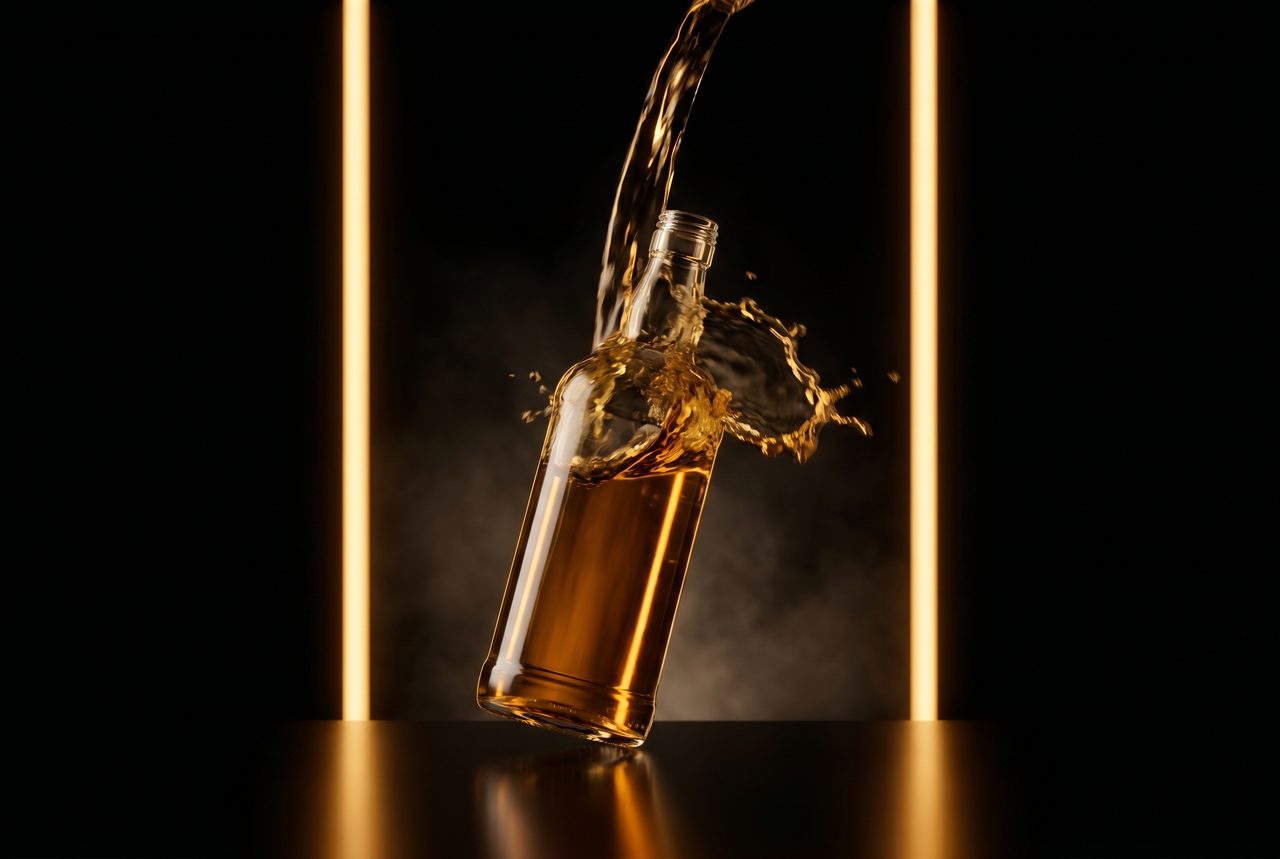 Short-form ad creative frame: golden liquid pour in dramatic motion blur inside an implied vertical 9:16 frame