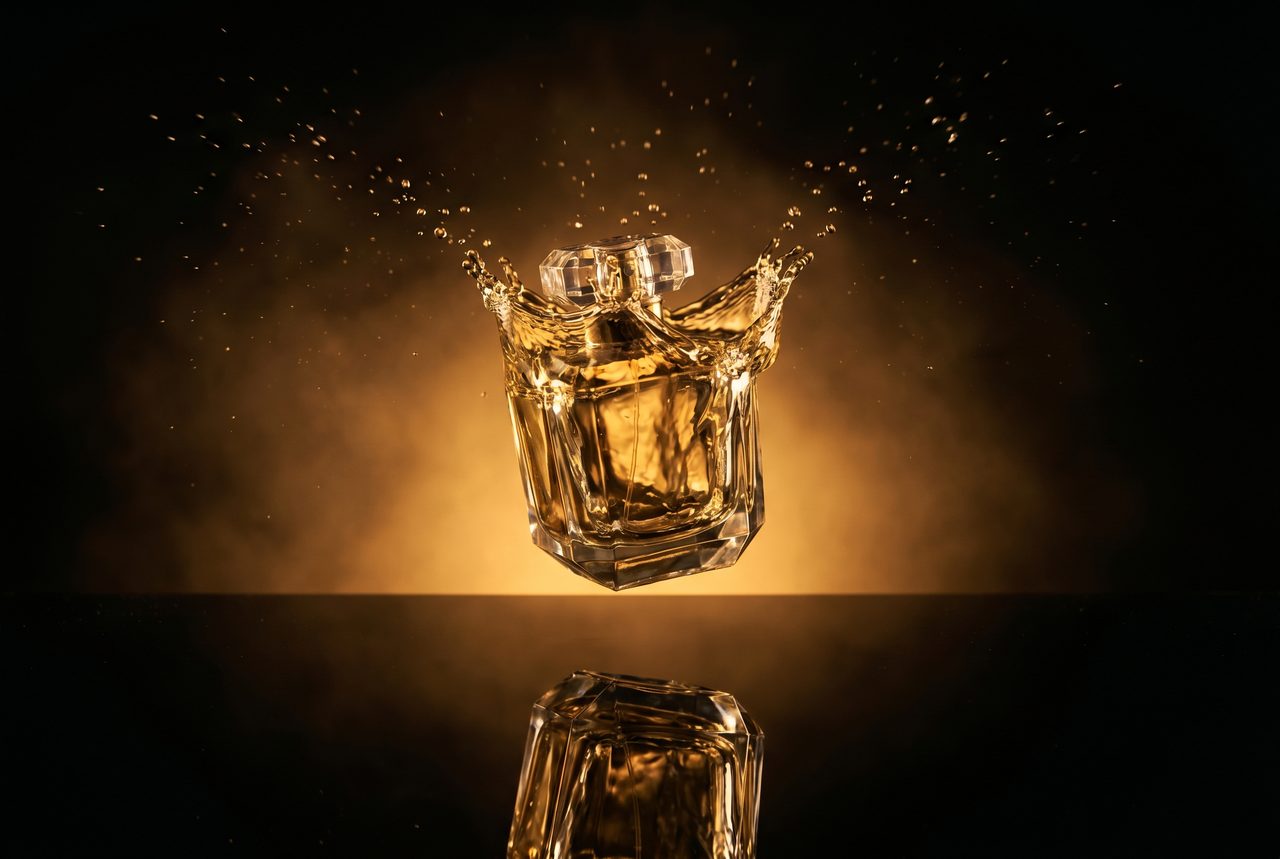 Cinematic AI video ad still: faceted glass bottle suspended mid-air in a crown splash of golden liquid