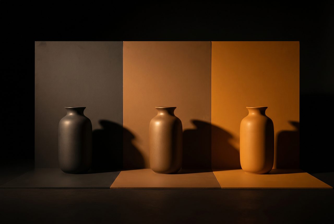 AI static ad creative: art-directed still life of a ceramic vessel across charcoal, bronze and amber colour-blocked sets