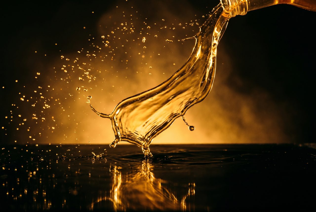 Cinematic AI video ad frame: frozen pour of amber liquid over a black mirror surface