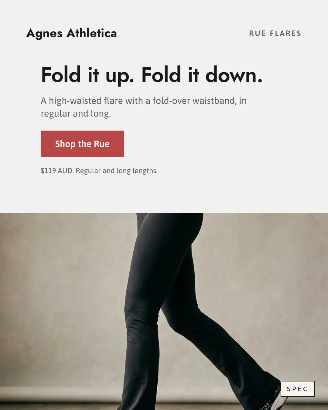 Spec concept for Agnes Athletica (unaffiliated, not commissioned): black flared leggings mid-stride in a grey studio, headline Fold it up. Fold it down.