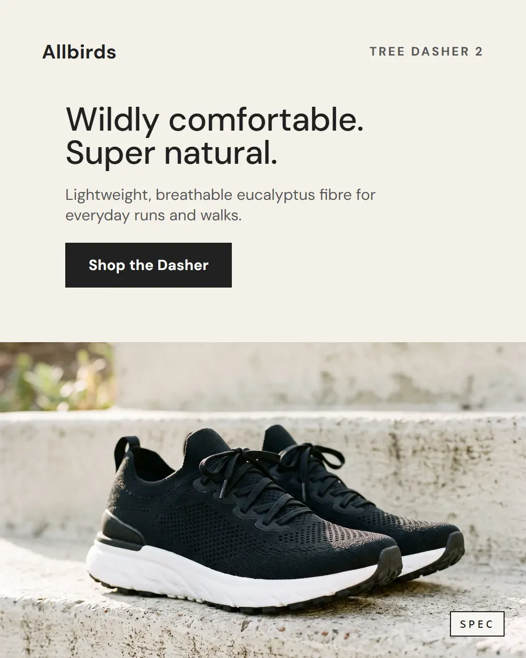 Spec concept for Allbirds (unaffiliated, not commissioned): black knit runners on a concrete step, headline Wildly comfortable. Super natural.