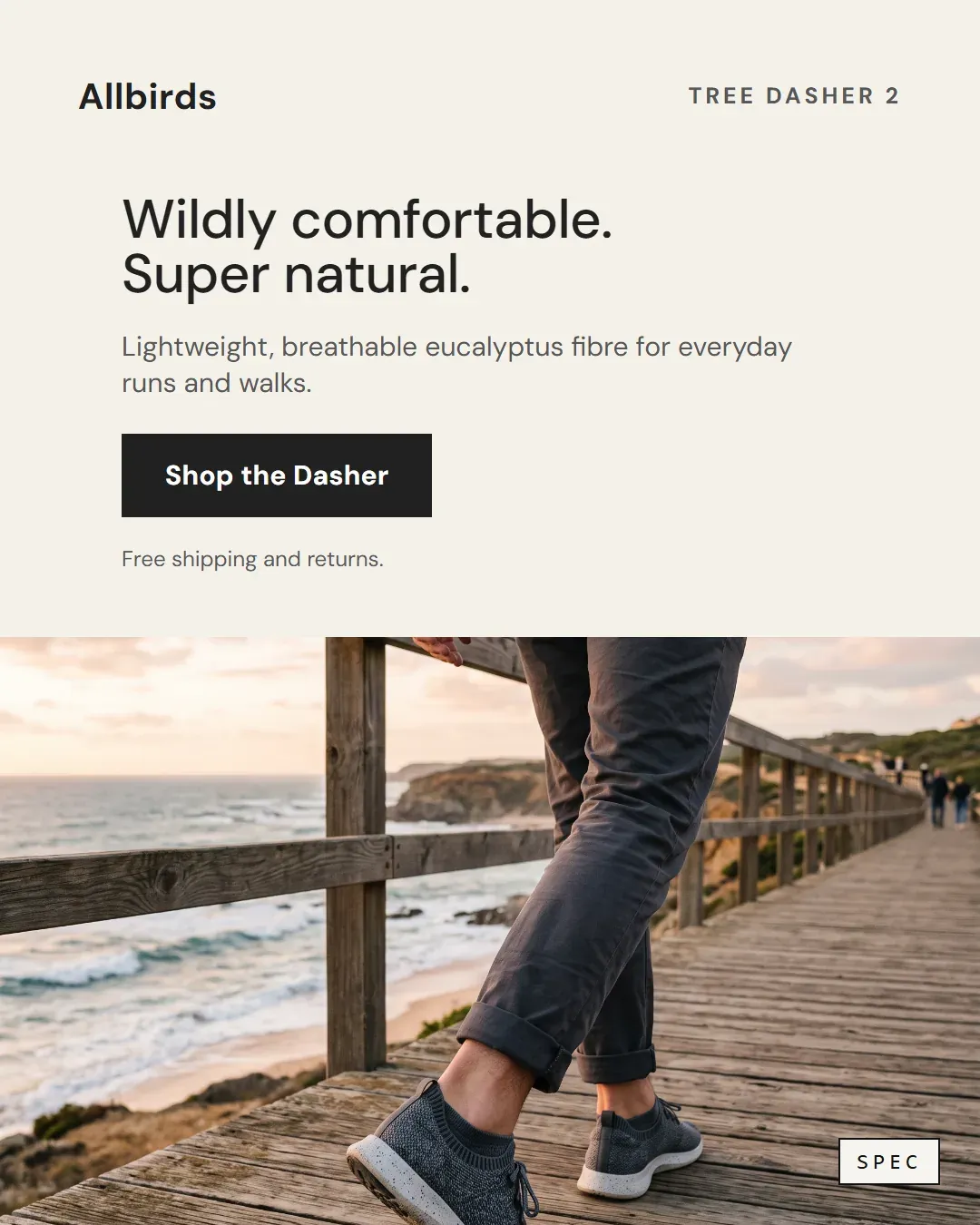 Spec concept for Allbirds (unaffiliated, not commissioned): grey knit sneakers on a coastal boardwalk, headline Wildly comfortable. Super natural.
