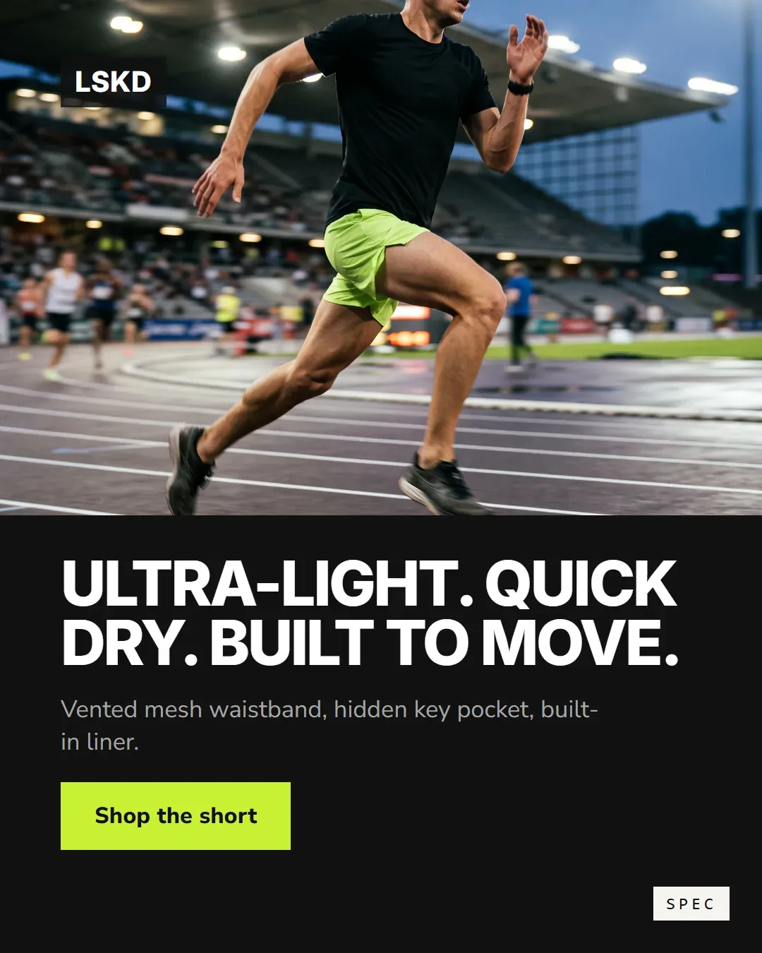 Spec concept for LSKD (unaffiliated, not commissioned): runner mid-stride on a track at dusk, headline Ultra-light. Quick dry. Built to move.