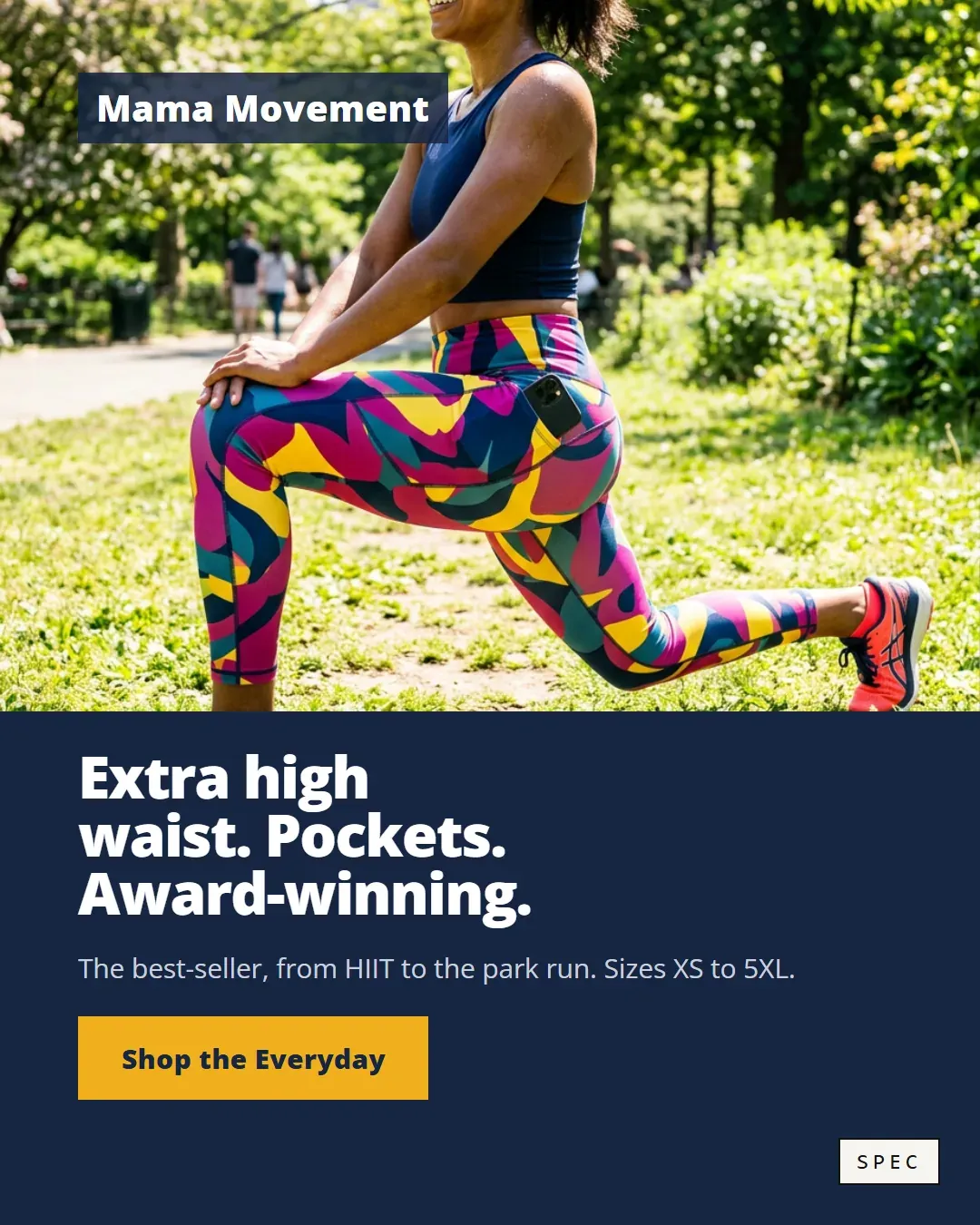 Spec concept for Mama Movement (unaffiliated, not commissioned): colourful printed 7/8 leggings in a park lunge, headline Extra high waist. Pockets. Award-winning.