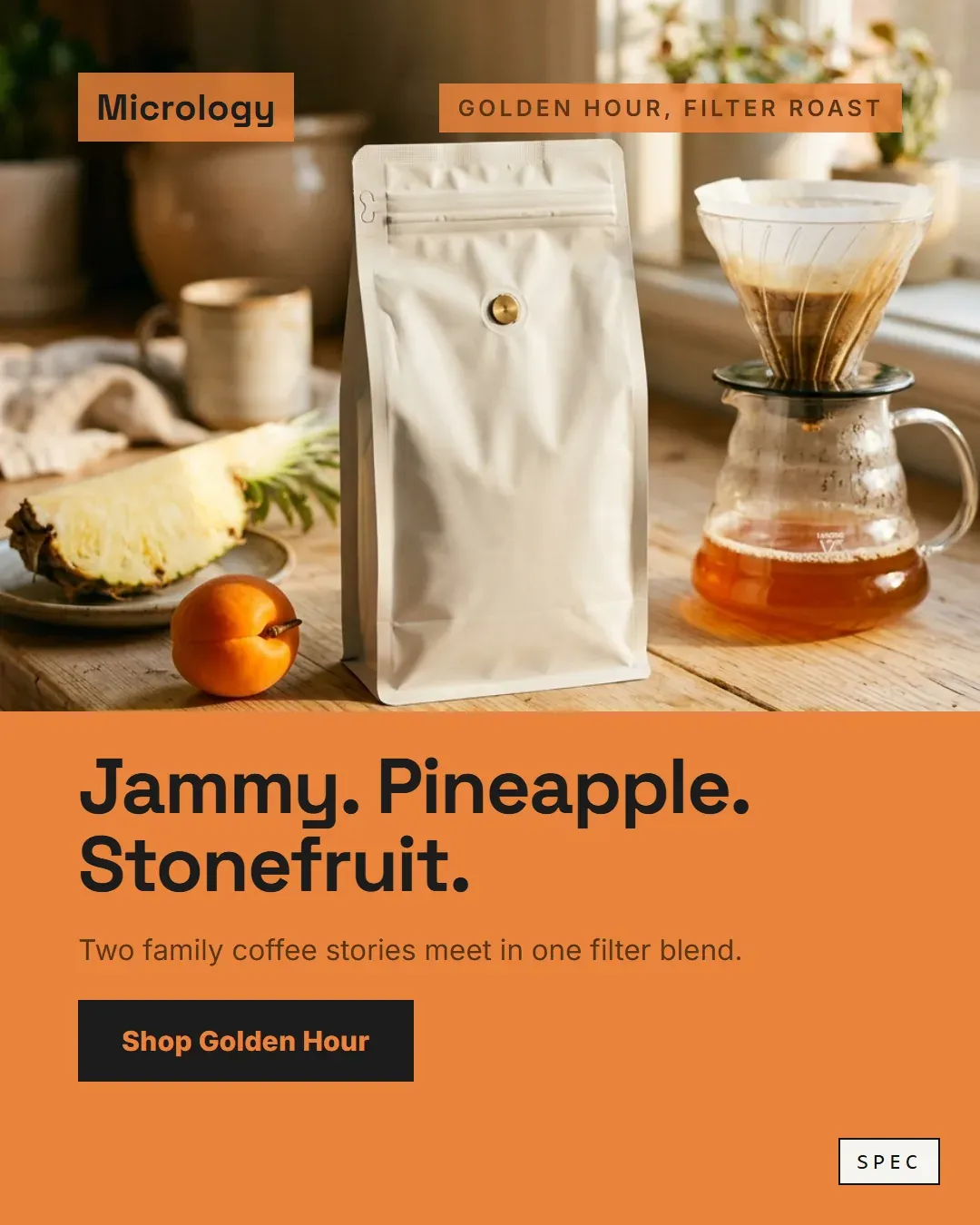Spec concept for Micrology (unaffiliated, not commissioned): white filter coffee bag beside a pour-over in golden light, headline Jammy. Pineapple. Stonefruit.