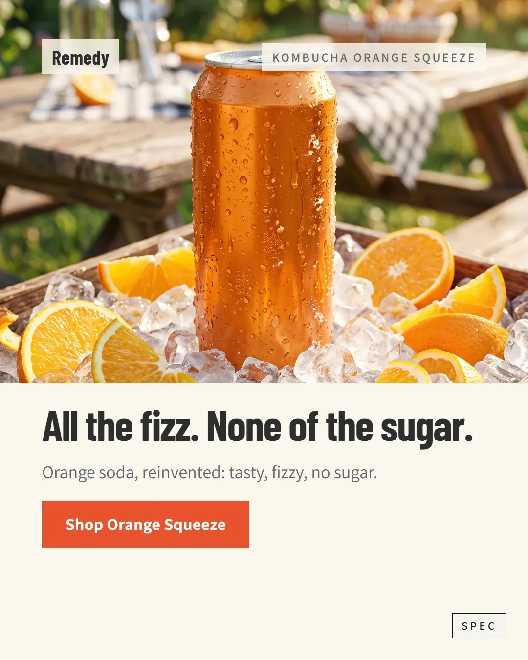 Spec concept for Remedy (unaffiliated, not commissioned): orange can on ice with orange slices, headline All the fizz. None of the sugar.